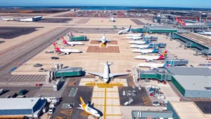 Aerial view of Boston Logan International Airport tarmac with multiple aircraft parked at gates, clear sunny day, modern airport infrastructure visible from above
