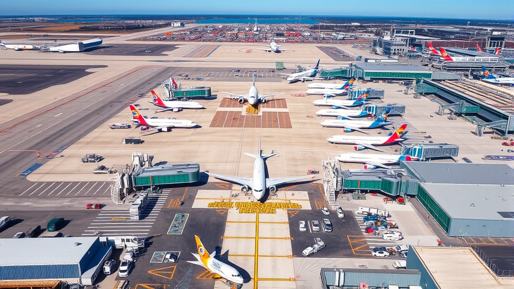 Aerial view of Boston Logan International Airport tarmac with multiple aircraft parked at gates, clear sunny day, modern airport infrastructure visible from above