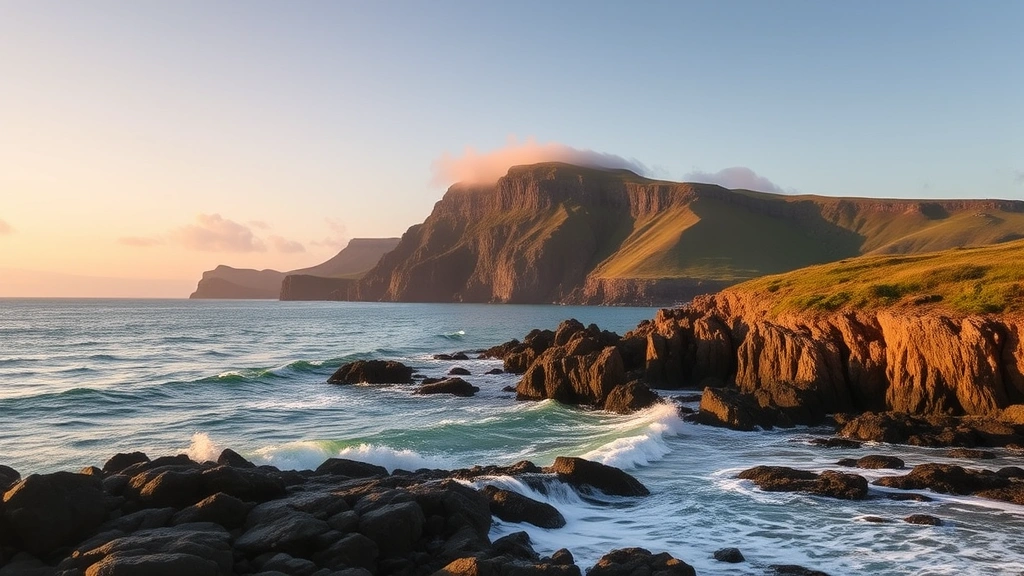 Scenic Irish coastal landscape showing Dublin Bay with Cliffs of Howth in background, rocky shoreline, Atlantic Ocean waves, golden hour lighting