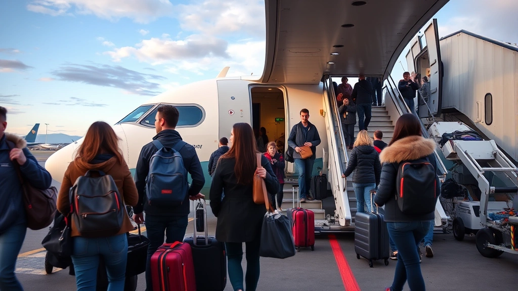 Passengers boarding a transatlantic aircraft at Boston airport, diverse travelers with luggage, jet bridge connecting to modern wide-body aircraft, professional airline setting