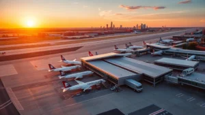 Aerial view of Boston Logan Airport terminal building with planes parked at gates during golden hour sunset, showing runway infrastructure and city skyline in background