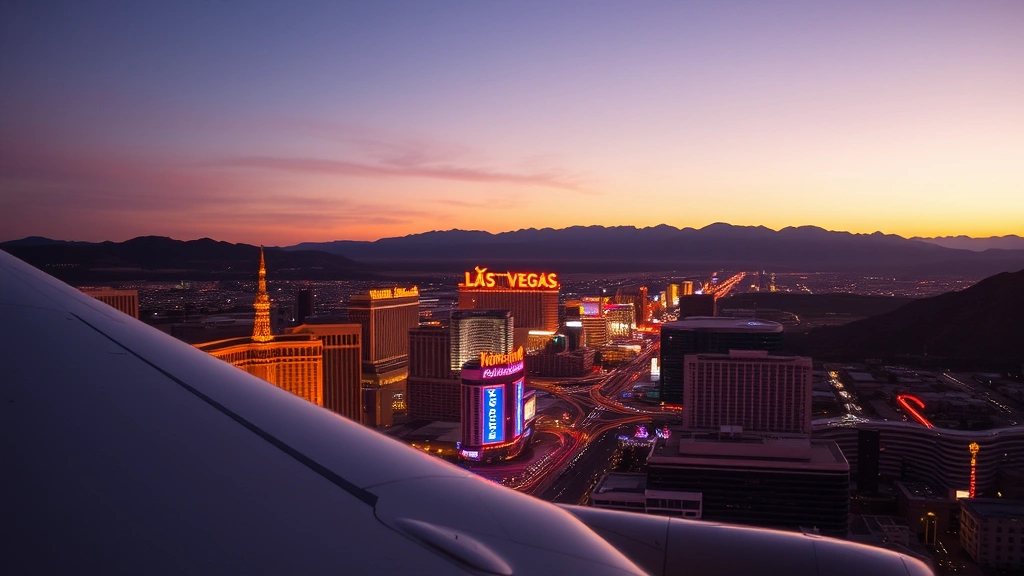Aerial view of Las Vegas Strip at sunset with bright neon lights, mountains in background, commercial airplane wing visible in foreground