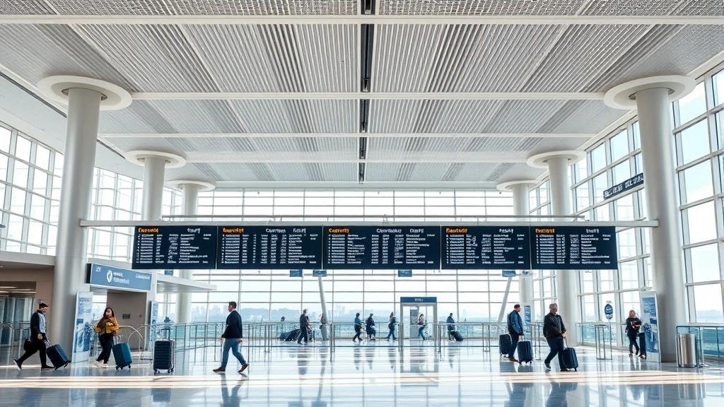 Modern airport terminal interior showing departure boards and travelers with luggage, bright natural lighting, contemporary architecture