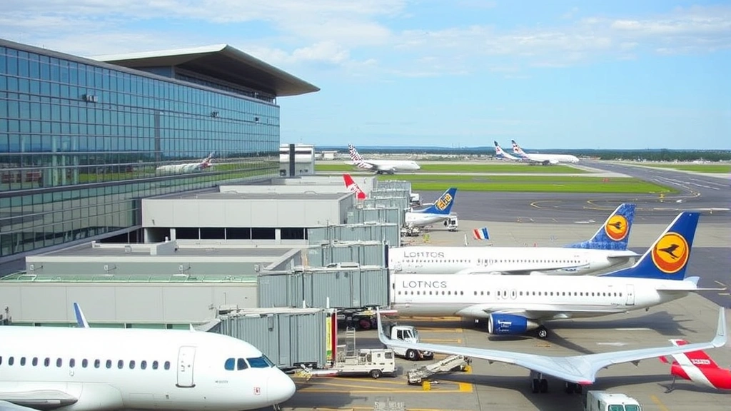 Boston Logan International Airport exterior with commercial aircraft parked at gates, runway visible, modern terminal building