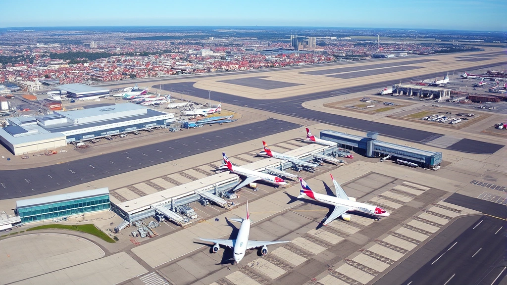 Aerial view of Boston Logan Airport with multiple commercial aircraft parked at gates, New England landscape visible in background, daytime clear weather
