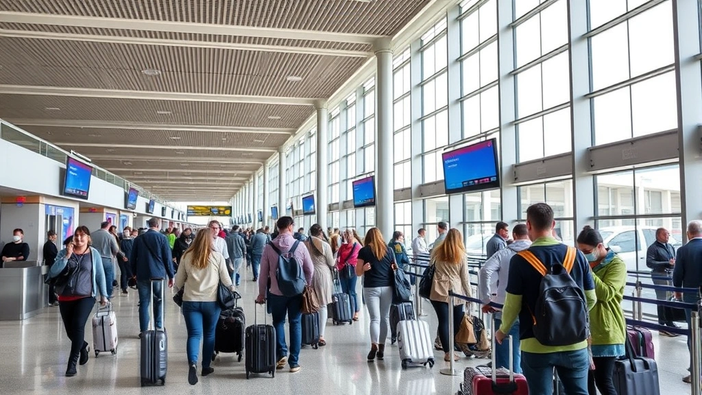 Busy airport terminal with travelers checking in at counters, modern architecture, natural lighting from large windows, diverse passengers with luggage