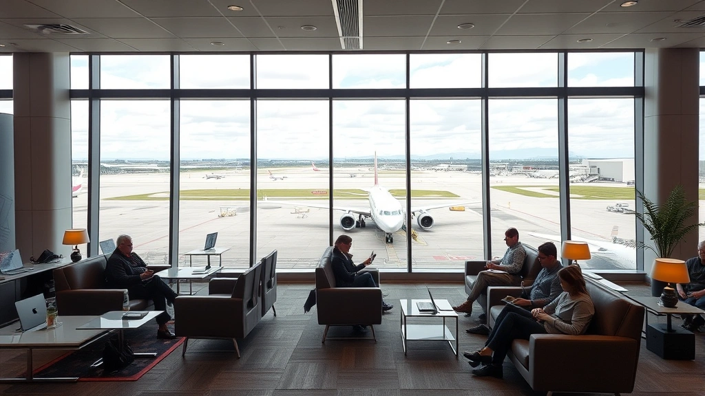Modern airport lounge with comfortable seating, large windows overlooking tarmac with aircraft, travelers relaxing with beverages and laptops