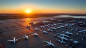Aerial view of Boston Logan International Airport with planes parked at gates, sunrise lighting, clear day