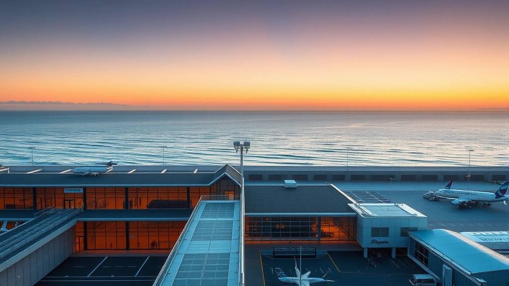 San Diego International Airport terminal with Pacific Ocean visible in background, modern architecture, golden hour lighting
