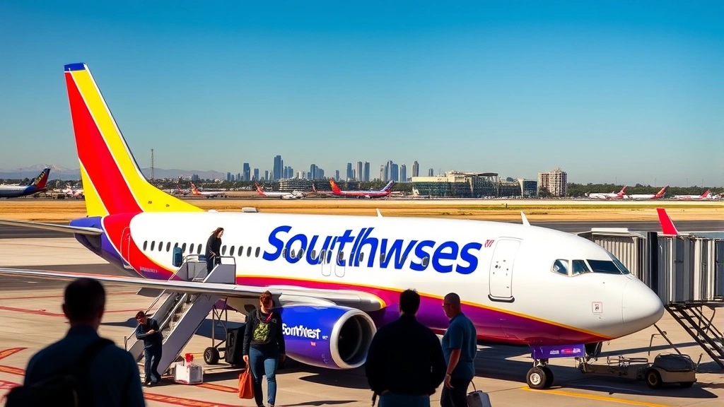 Passengers boarding Southwest Airlines aircraft on tarmac with San Diego skyline visible in distance, sunny California weather
