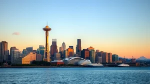 Seattle skyline at sunrise with Space Needle and Puget Sound, modern cityscape with water reflections, photorealistic travel photography