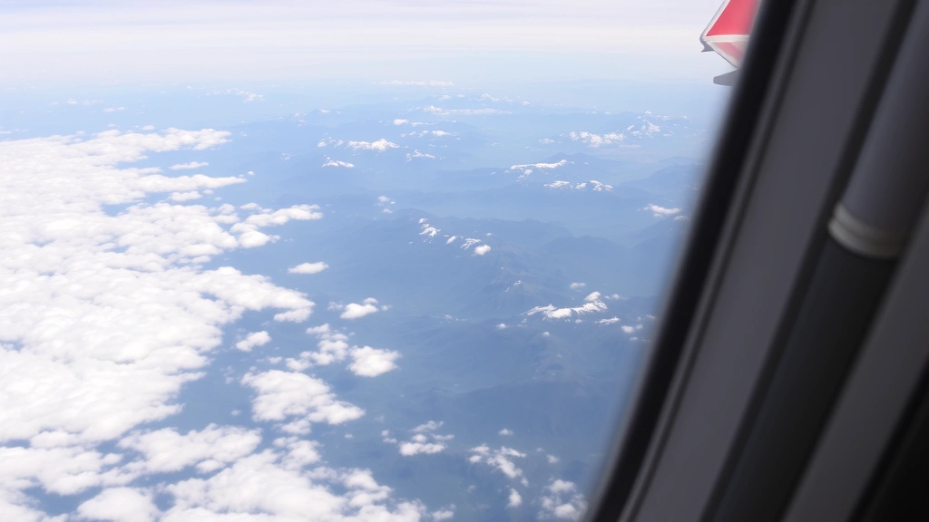 Airplane window view of Pacific Northwest landscape during flight, mountains and clouds below, realistic in-flight perspective photography