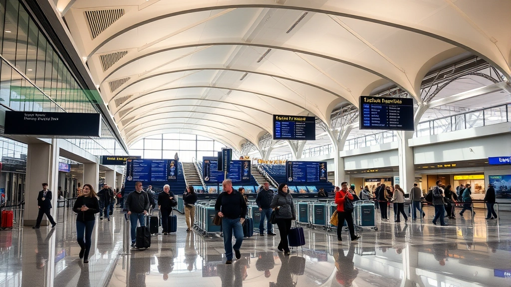 Boston Logan Airport departure hall with travelers and modern architecture, bustling terminal environment, realistic airport photography