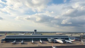 Aerial view of Baltimore Washington International Airport (BWI) terminal with aircraft parked at gates, cloudy Maryland sky, daytime