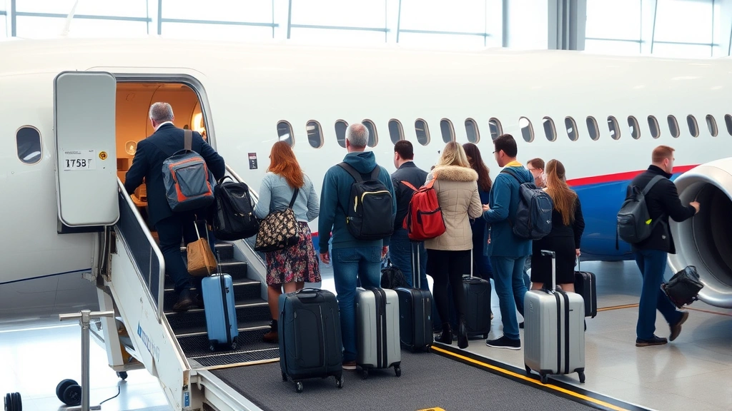 Passengers boarding a commercial aircraft at jet bridge, diverse travelers with luggage, modern aircraft cabin door visible, airport terminal interior