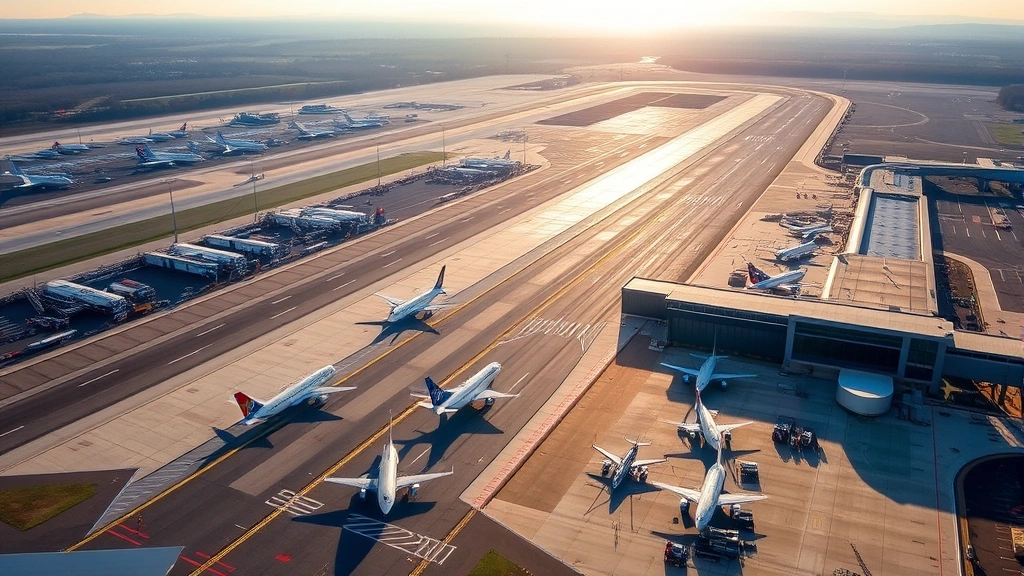 Aerial view of Charlotte Douglas International Airport (CLT) with morning sunlight casting long shadows across the runway, multiple aircraft parked at gates, North Carolina landscape visible in background