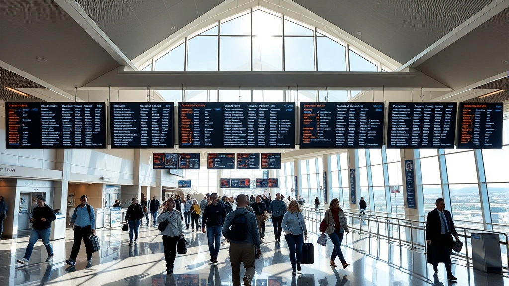 Busy Las Vegas Harry Reid International Airport terminal with passengers walking through modern concourse, departure boards displaying flight information, natural light streaming through large windows