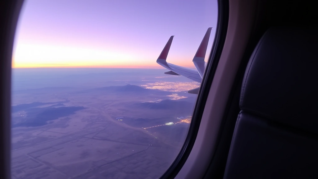 Interior of commercial aircraft cabin during flight from Charlotte toward Las Vegas, window seat view showing desert landscape below with mountain ranges and Las Vegas lights visible in distance, wing of plane visible