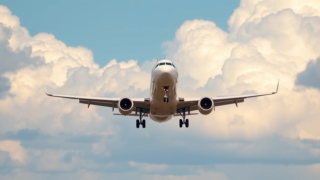 Commercial airplane in flight against blue sky with white clouds, captured from ground level during takeoff showing full aircraft profile and landing gear retraction