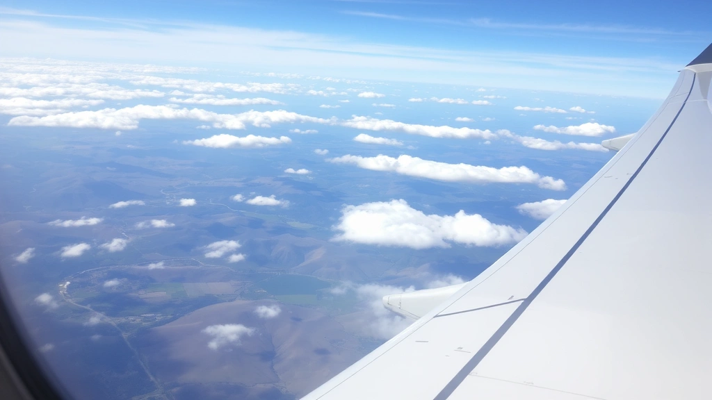Airplane window view during daytime flight showing wing over landscape with rolling terrain, clouds, and natural scenery visible below
