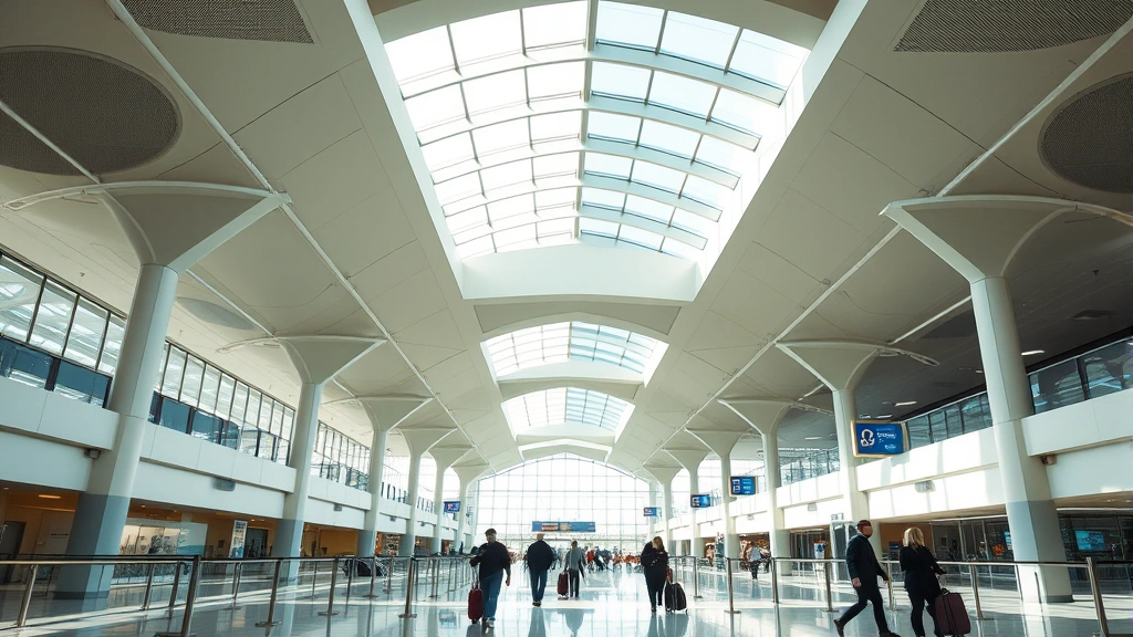 Modern airport terminal interior with high ceilings, abundant natural light from skylights, travelers walking with luggage, contemporary architecture and spacious design