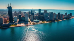 Aerial view of Chicago skyline with Lake Michigan, bright daylight, modern downtown skyscrapers reflecting in water, professional travel photography style