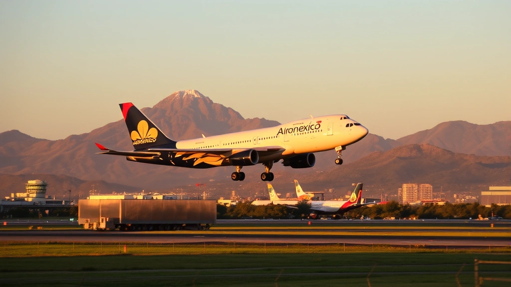 Aeromexico aircraft landing at Guadalajara airport with mountain backdrop at golden hour, realistic photography, no text visible