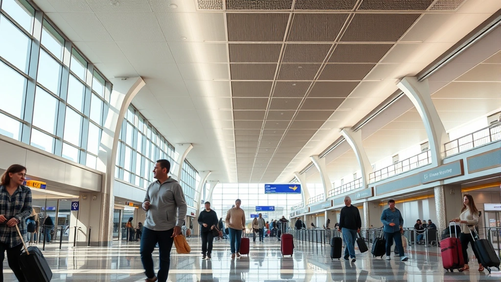 Modern airport terminal interior with travelers walking through with luggage, natural lighting, Mexican destination aesthetic, no signage text