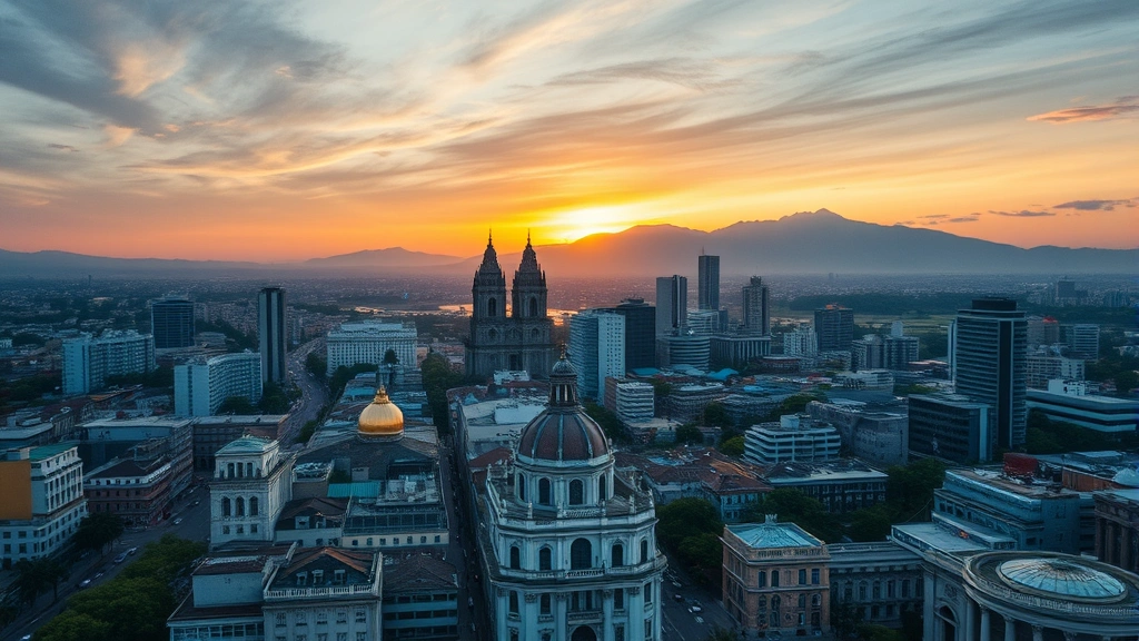 Aerial view of Guadalajara cityscape during sunset with historic buildings and modern architecture blended together, photorealistic drone perspective