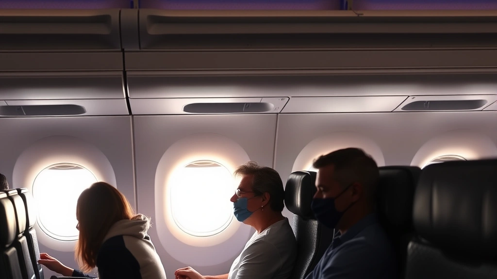 Modern airplane cabin interior with passengers seated comfortably during daytime flight, natural window light illuminating faces, economy class seating, realistic cabin atmosphere