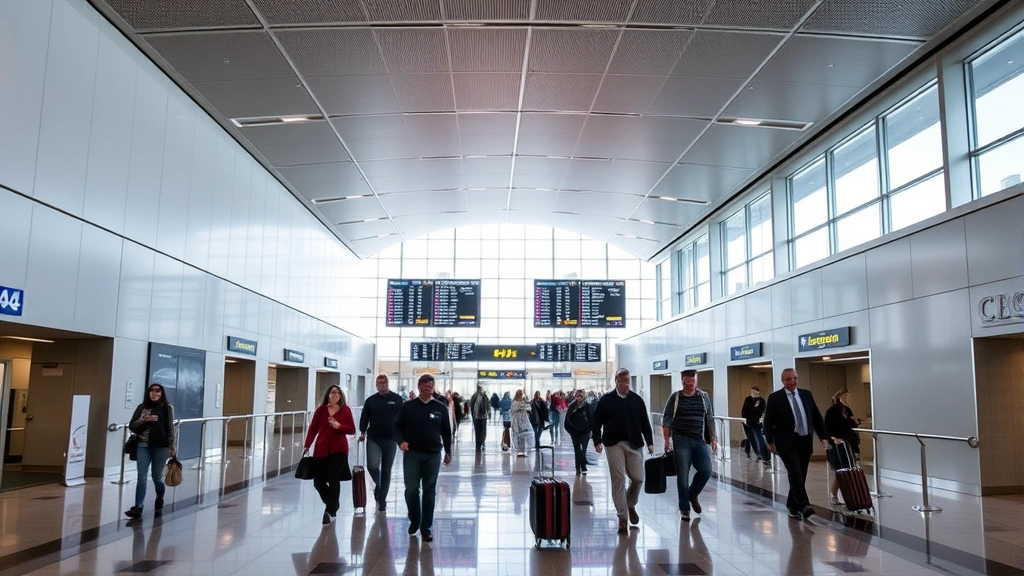 Chicago O'Hare International Airport terminal interior with travelers walking through contemporary corridor, departure boards visible in background, professional airport environment, daytime lighting