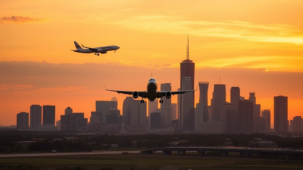Houston skyline at golden hour sunset with commercial aircraft approaching for landing, downtown buildings silhouetted against orange sky, realistic aviation perspective from ground level