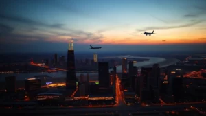 Aerial view of Chicago skyline with O'Hare and Midway airports visible, sunset lighting, commercial aircraft taking off in distance