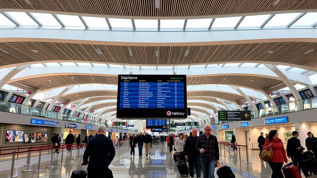 London Heathrow Airport terminal interior, modern architecture, departures board, travelers with luggage navigating terminal
