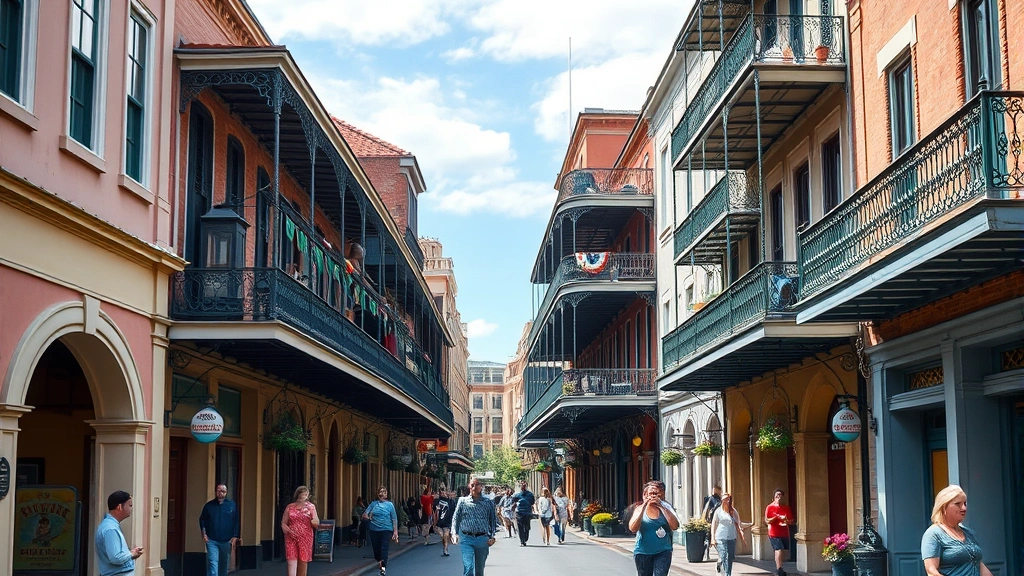 New Orleans French Quarter street scene with historic architecture, wrought iron balconies, and vibrant atmosphere during daytime, bustling streets with pedestrians, colorful buildings, photorealistic travel destination imagery
