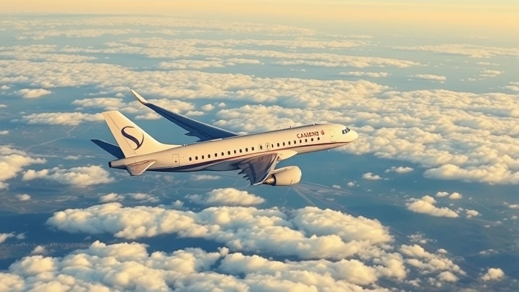 Commercial airplane in flight over landscape, modern jet cruising at altitude with clouds below, clear sky, photorealistic aviation photography, side profile view of aircraft