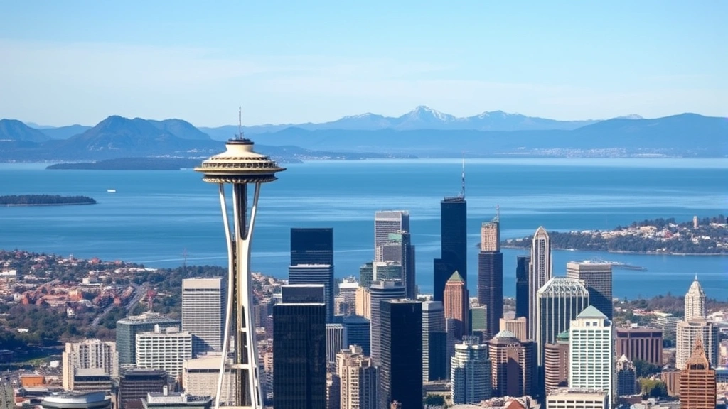Aerial view of Seattle's Space Needle and downtown skyline with Puget Sound and mountains in background, professional photography, daytime