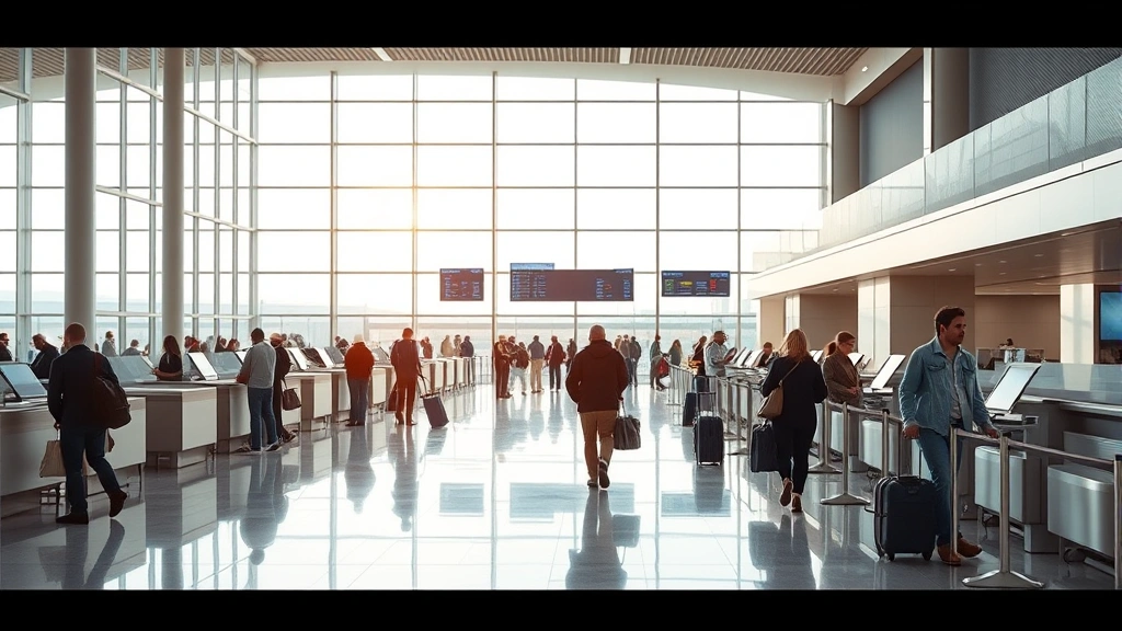 Modern airport terminal interior with passengers at check-in counters, departure boards visible, bright natural lighting, realistic travel scene