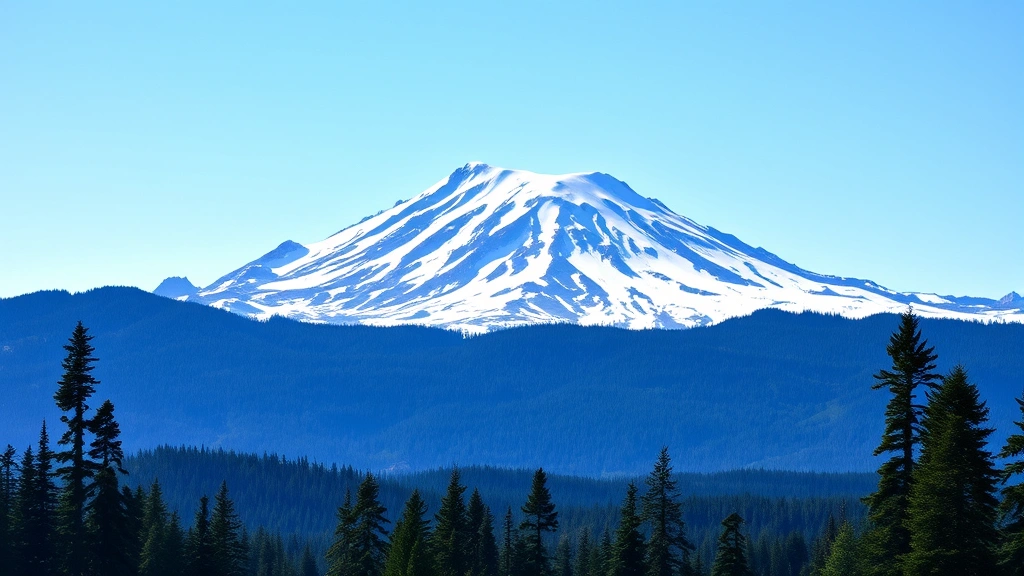 Pacific Northwest landscape showing snow-capped Mount Rainier with coniferous forest and clear blue sky, scenic travel destination photography