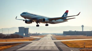 Modern commercial aircraft taking off from Cleveland Hopkins International Airport on a clear morning with runway visible and airport buildings in background, bright sunlight reflecting off fuselage