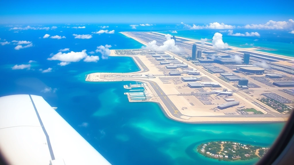 Aerial view of Miami International Airport terminals and runways from aircraft window, turquoise ocean and coastal landscape visible in distance, vibrant Florida sunshine
