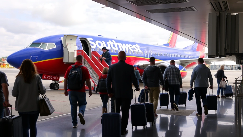 Passengers boarding Southwest Airlines aircraft at gate with jet bridge, travelers with carry-on luggage walking toward modern aircraft, professional airport terminal environment