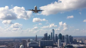 Aerial view of Dallas-Fort Worth skyline with commercial aircraft approaching, blue sky with white clouds, modern urban landscape with downtown towers visible