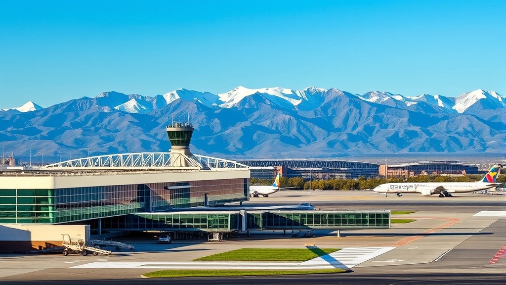 Denver International Airport terminal exterior with Rocky Mountains in background, modern architecture, aircraft on tarmac, mountain vista under clear sky
