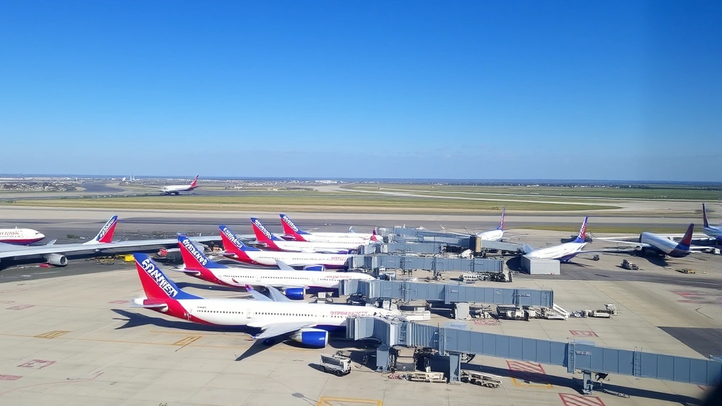 Aerial view of Dallas Love Field Airport with Southwest aircraft parked at gates, blue skies overhead, runway visible in background