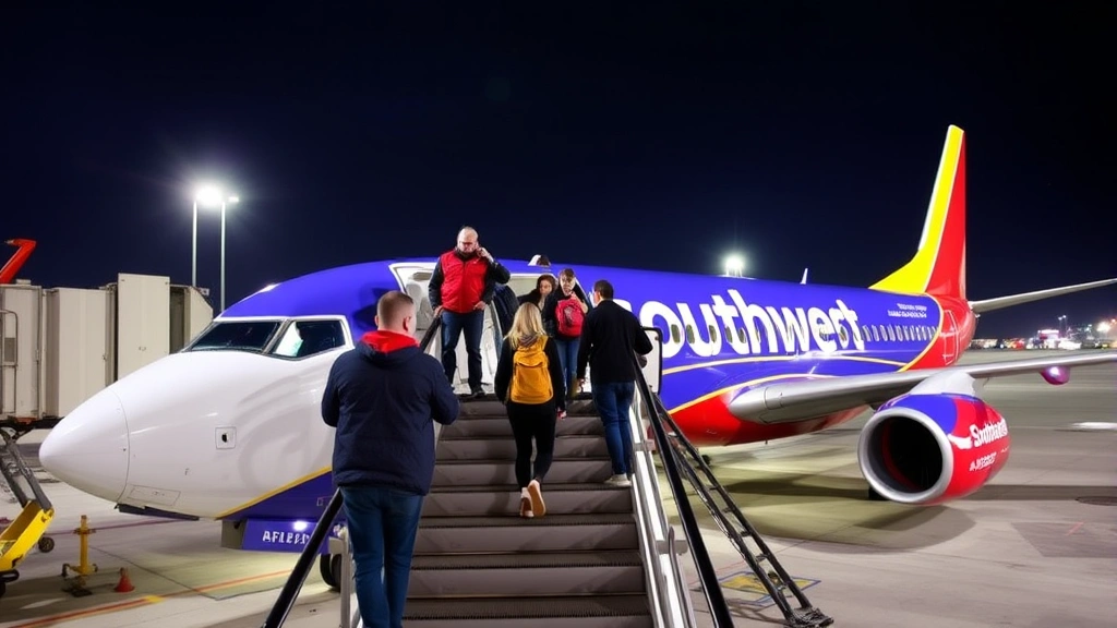 Passengers boarding a Southwest airplane at Houston Hobby Airport, boarding bridge extended, modern aircraft, bright terminal lighting
