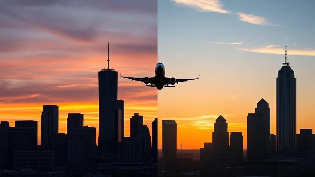 Split-screen comparison showing Dallas skyline and Houston skyline with airplane silhouette flying between them against sunset sky