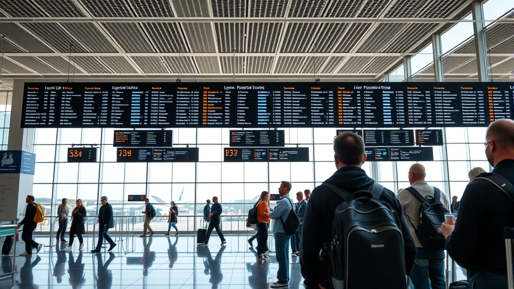 Diverse passengers inside modern airport terminal boarding area, checking flight information displays, natural daylight from large windows, contemporary airport design