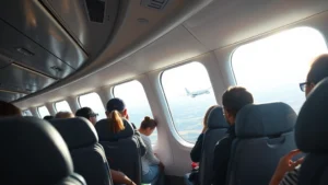 Modern airplane cabin interior with passengers during flight, bright sunlight through windows, commercial aircraft mid-journey over landscape, photorealistic travel photography