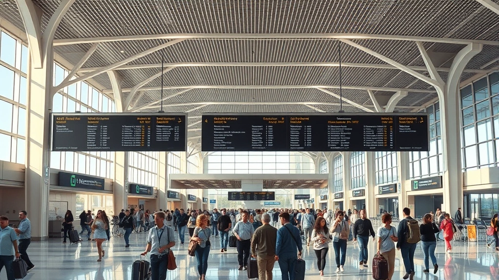 Dallas Fort Worth airport terminal interior with travelers, departure boards, modern architecture, natural lighting, busy airport hub atmosphere, photorealistic travel scene